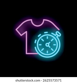 Neon icon of t shirt and stopwatch showing express laundry service, dry cleaning, fast washing