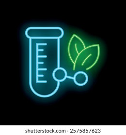 Neon icon of a test tube with leaves representing sustainable chemistry glowing on a black background