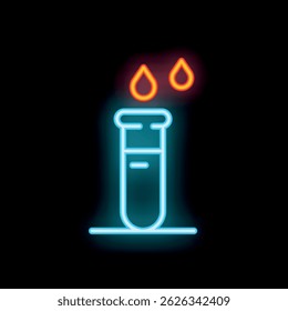 Neon icon of a test tube receiving two drops of liquid, glowing on a black background