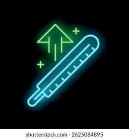 Icono de neón de un termómetro con aumento de temperatura, representado por una flecha verde que apunta hacia arriba