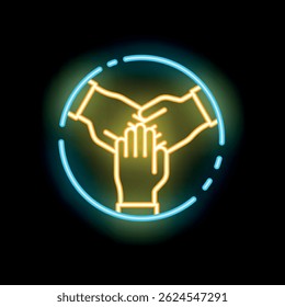 Neon icon of three hands joining together in a circle representing teamwork and collaboration