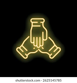 Neon icon of three hands joining together illustrating teamwork and collaboration on a black background
