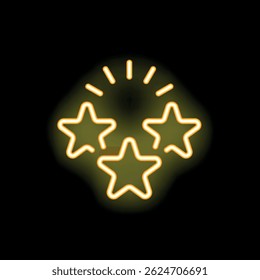 Neon icon of three stars shining brightly on black background, symbolizing excellence, success, and achievement