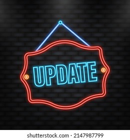 Neon Icon. Time to update label on white background. Blue banner. Vector illustration