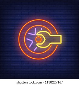 Neon icon of tire shop. Wrench, wheel, fitting station. Car service concept. Can be used for maintenance, garage, repair center