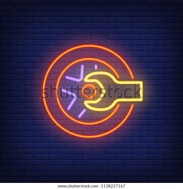 Neon icon of tire shop. Wrench, wheel, fitting\
station. Car service concept. Can be used for maintenance, garage,\
repair center