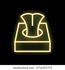 Neon icon of a tissue box dispensing tissues on a black background