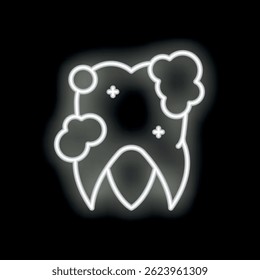 Neon icon of a tooth suffering from caries and tartar buildup, symbolizing the importance of oral hygiene