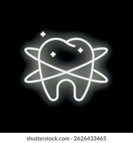 Neon icon of a tooth surrounded by orbiting glowing lines representing protection, cleanliness, and dental care