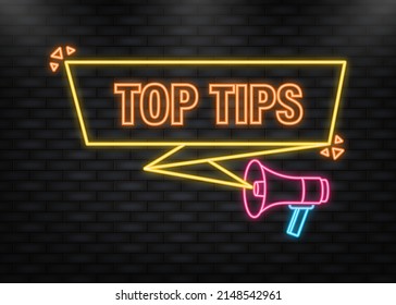 Neon Icon. Top tips megaphone yellow banner in 3D style on white background. Vector illustration