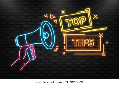 Neon Icon. Top tips megaphone yellow banner in flat style. Vector illustration