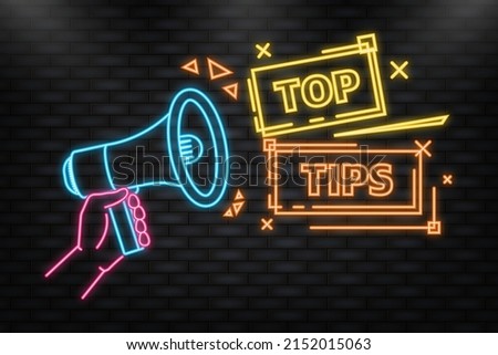 Neon Icon. Top tips megaphone yellow banner in flat style. Vector illustration