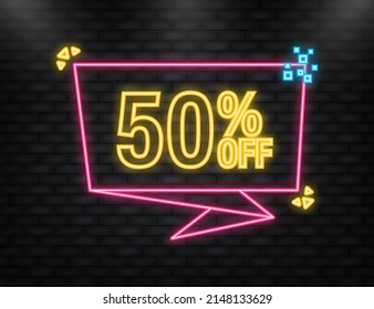 Neon Icon. Trendy flat advertising with 50 percent discount flat badge for promo design. Poster badge. Business design. Vector illustration