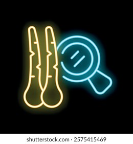 Neon icon of two bobby pins and a hand mirror, glowing yellow and blue against a black background, perfect for beauty and hairdressing projects