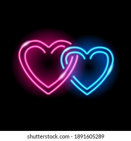 Neon icon of two intertwined hearts isolated on black background. Blue and pink connected heartshape symbols. St. Valentine Day, lovers, wedding concept. Vector 10 EPS illustration.