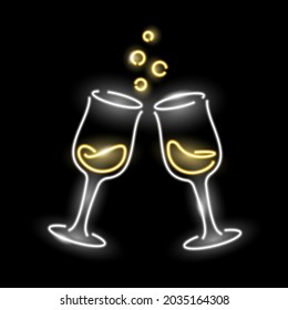Icono de neón de dos vasos de vino aislados sobre fondo negro. Feliz Navidad, Año Nuevo, champán, concepto de mentón. Ilustración del vector 10 EPS.