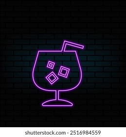 Neon icon of two wine glasses with hearts isolated on black background. Blue and pink colours. St. Valentine Day, dating, cafe, love date, alcohole concept. Vector 10 EPS illustration..