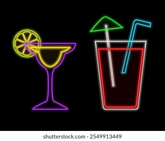 Neon icon of two wine glasses with hearts isolated on black background. Blue and pink colours. St. Valentine Day, dating, cafe, love date, alcohole concept. Illustration..