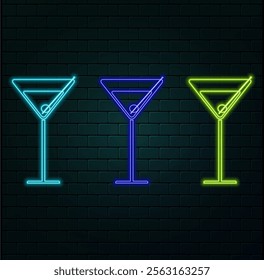 Neon icon of two wine glasses with hearts isolated on black background. Blue and pink colours. St. Valentine Day, dating, cafe, love date, alcohole concept. Illustration.