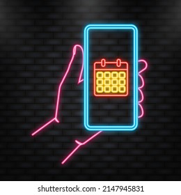 Neon Icon. Ui ux design element. Time icon vector. Mobile internet, social media. Flat phone with calendar for mobile app design