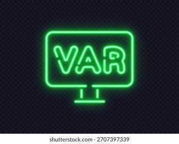 Icono de neón de una pantalla VAR que brilla en verde sobre un fondo oscuro. Video Pantalla simbólica para la revisión asistente de fútbol.