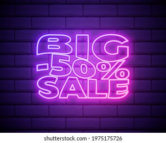 Neon icon Vector illustration Neon inscription Big sale in pink color on a brick wall background Trendy design and text effect.