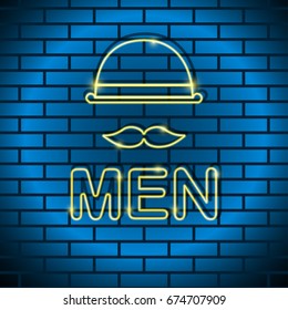 Neon icon Vector illustration Neon lamp yellow color in the form of a man with a mustache, a bowler hat on a brick wall Trendy postcard template, text place, copy space