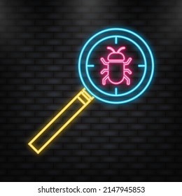 Neon Icon. Virus loupe. Searching virus. Microbe icon. Cyber secure.