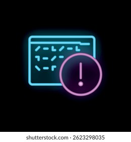 Ícone de néon de um sinal de aviso que aparece em uma interface de site com código, em um fundo preto