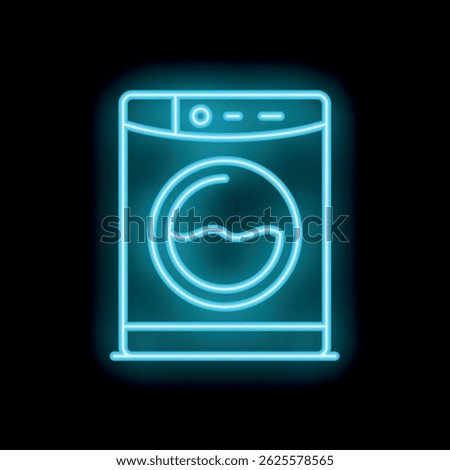 Neon icon of washing machine glowing with blue light on black background