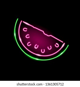 Neon icon of watermelon slice isolated on black background. Summer, food, fresh concept for logo, banner. Vector 10 EPS illustration.