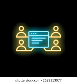 Neon icon of a web page being shared by people online
