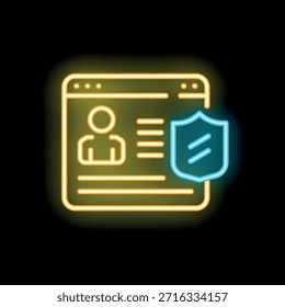 Icono de neón del perfil de usuario de Sitio web protegido por un escudo de seguridad cibernética