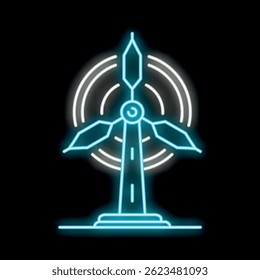 Neon icon of a wind turbine generating clean energy with rotating blades