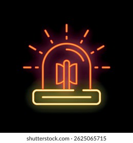 Neon icon of a wind turbine generating electricity with glowing rays on a black background