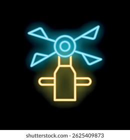 Neon icon of wind turbine generating clean energy isolated on black background