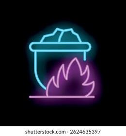 Neon icon of a witch's cauldron, boiling over a bed of flames