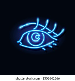 Neon Icon Of Woman Eye With Long Eyelashes. Beauty, Makeup Or Optometrist Concept. Vector 10 EPS Illustration Isolated On Dark Background