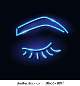 Neon icon of woman long eyelashes and eyebrow. Beauty salon, cosmetics, eyelash extension, makeup concept. Vector 10 EPS illustration isolated on dark background 