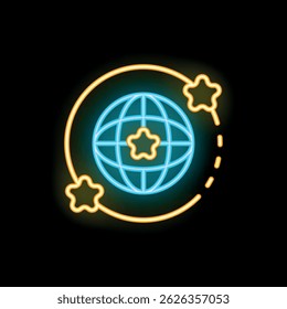 Neon icon of a world globe surrounded by stars, representing global success and achievement