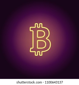 Neon icon of yellow Bitcoin. Vector illustration of yellow Neon Bitcoin consisting of neon outlines, with backlight on the dark background