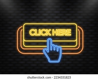 Neon Icon. Icon with yellow click here neon button on white background for web marketing design. Vector illustration