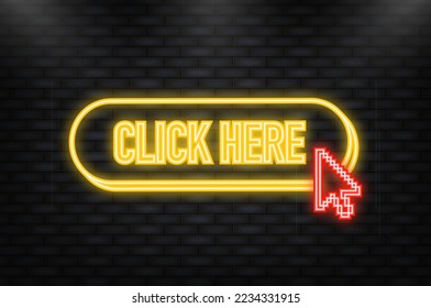 Neon Icon. Icon with yellow click here 3D button on white background for web marketing design. Flat deign. Social media element. White background. Vector illustration