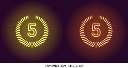 Neon icon of Yellow and Orange Fifth Place. Vector illustration of Fifth Position consisting of neon outlines, with backlight on the dark background
