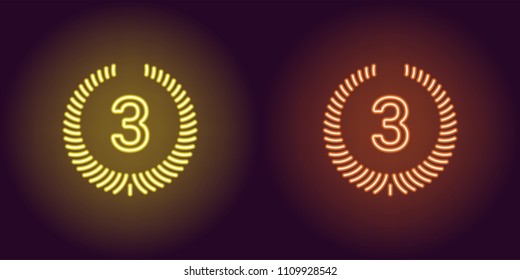 Neon icon of Yellow and Orange Third Place. Vector illustration of Third Position consisting of neon outlines, with backlight on the dark background