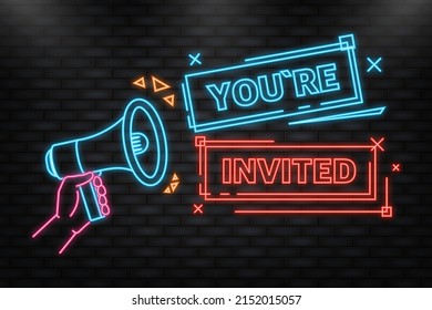 Neon Icon. You are invited megaphone yellow banner. Vector illustration