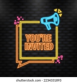 Neon Icon. You are invited megaphone yellow banner. Vector illustration