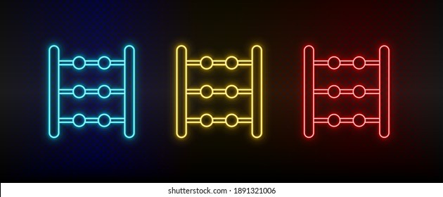 Neon icons, abacus, counting. Set of red, blue, yellow neon vector icon