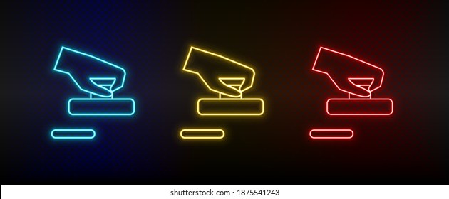 Neon icons. Air hockey board game hand. Set of red, blue, yellow neon vector icon