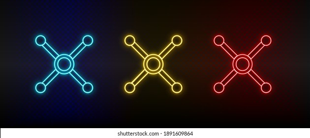 Iconos neones, átomo, atajo. Icono de vector de neón rojo, azul, amarillo